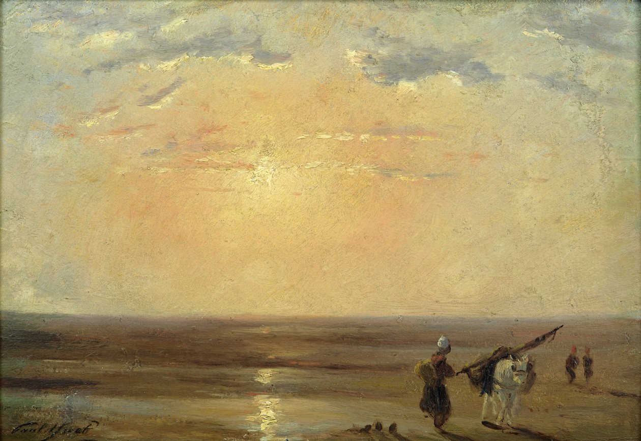 Stranden ved Trouville med solnedgang av Paul Huet