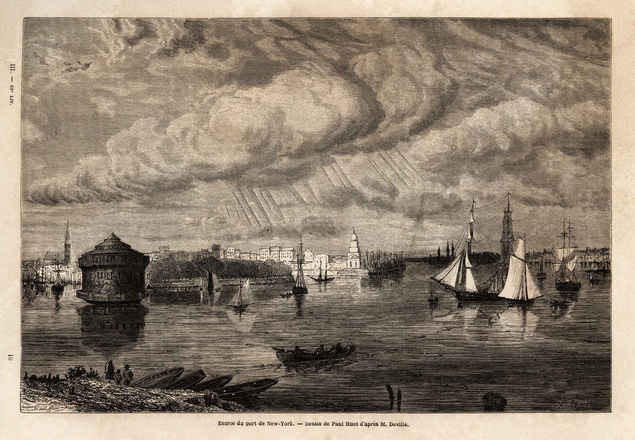 Inngangen til havnen i New York, tegning av Paul Huet (1803-1869), for å illustrere reisene til Nord-Amerika i 1854-1855, av L. Deville. Gravering i “” Le tour du monde”” 1861. Selvas samling. av Paul Huet