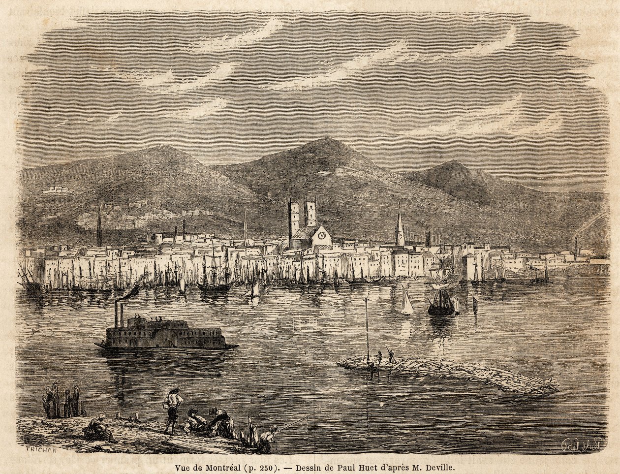 Utsikt over Montreal, tegning av Paul Huet (1803-1869), for å illustrere reisene til Nord-Amerika i 1854-1855, av L. Deville. Gravering i “” Le tour du monde”” 1861. Selvas samling. av Paul Huet