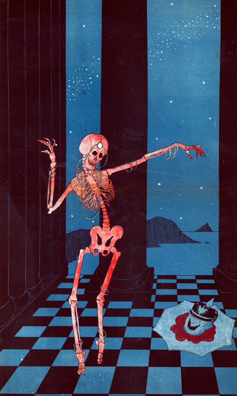 Skjelettet til Salome som danser ved siden av hodet til Kaiser Wilhelm liggende i en blodpøl på en tallerken, 13. april 1916 av Paul Iribe