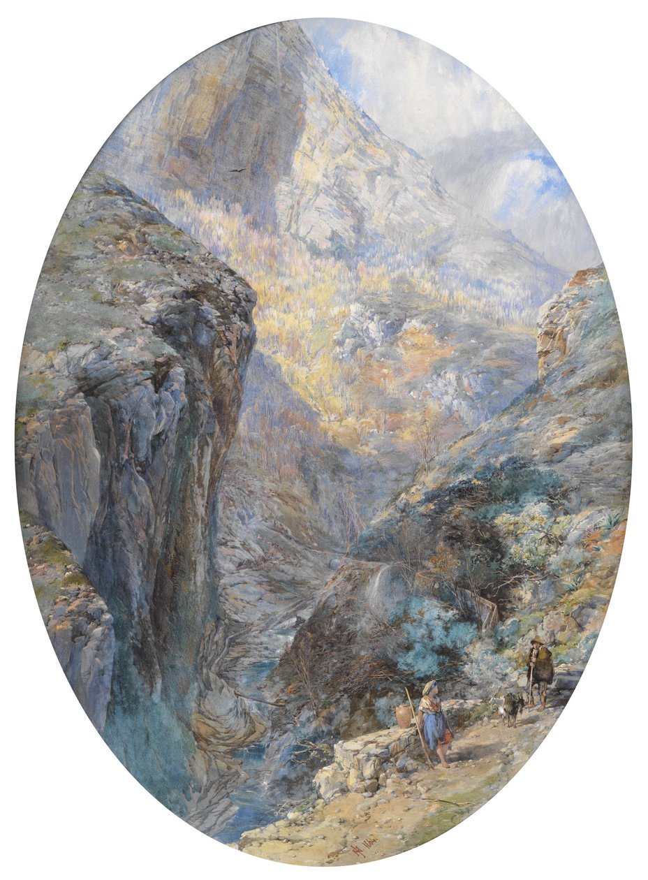 Nær Amalfi, La Vallée des Moulins, 1864 (wc forsterket med kroppsfarge) av Paul Jacob Naftel