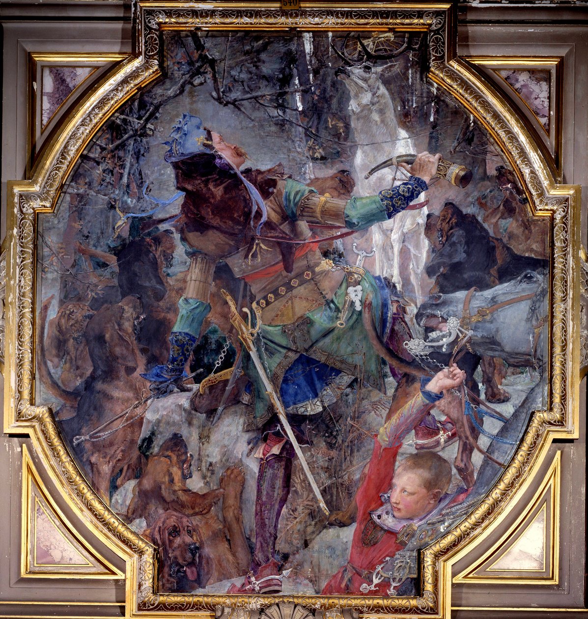 Visjonen til Saint Hubert, som gikk på jakt i en skog, ser på mirakuløst vis Gud dukke opp i form av en hjort. Canvas marouflee av Paul Jacques Aime Baudry (1828-1886) 1882 Søn. 2,3x2,06 m Chantilly, Musee Conde av Paul Jacques Aimé Baudry