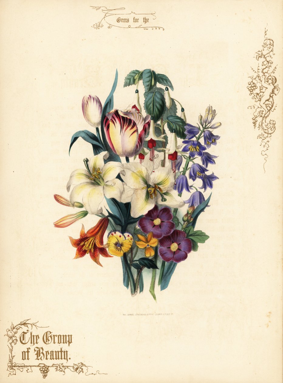 Bukett med liljer, tulipan, fuchsia, tigerlilje. av Paul Jerrard