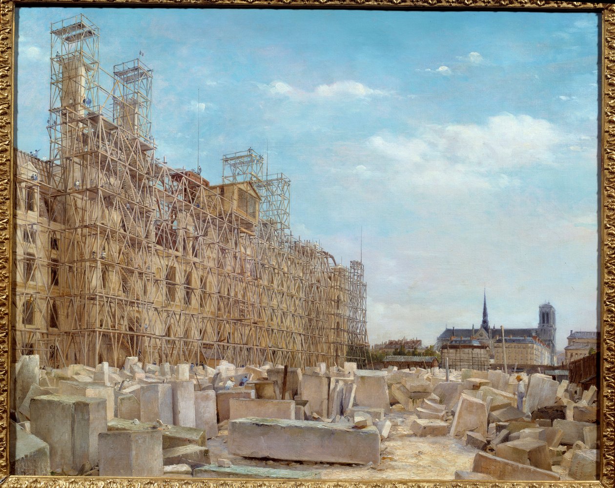 Rådhuset i Paris i gjenoppbygging Bygningen, brann i 1871 av kommunardene, blir gjenoppbygd og dekket med stillaser og steinblokk. Maleri av Victor Dargaud (ca. 1850-a. 1913) 1880 Søn. 0,65 x 0,81 m Paris, musee Carnavalet - Rådhuset av Paul Joseph Victor Dargaud