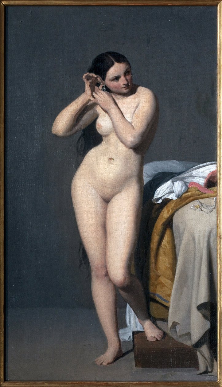 Naken har konsollen. Maleri av Paul Jourdy (1805-1856), olje på lerret. Fransk kunst av Paul Jourdy