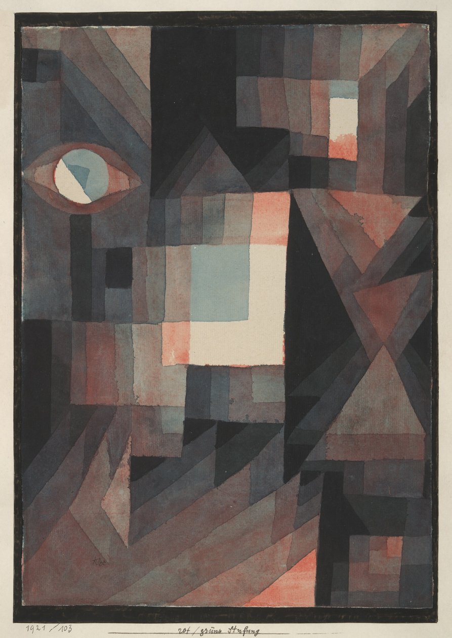 Abstrakt. Rød/grønn gradering med noe cinnibar i vertikalt format av Paul Klee