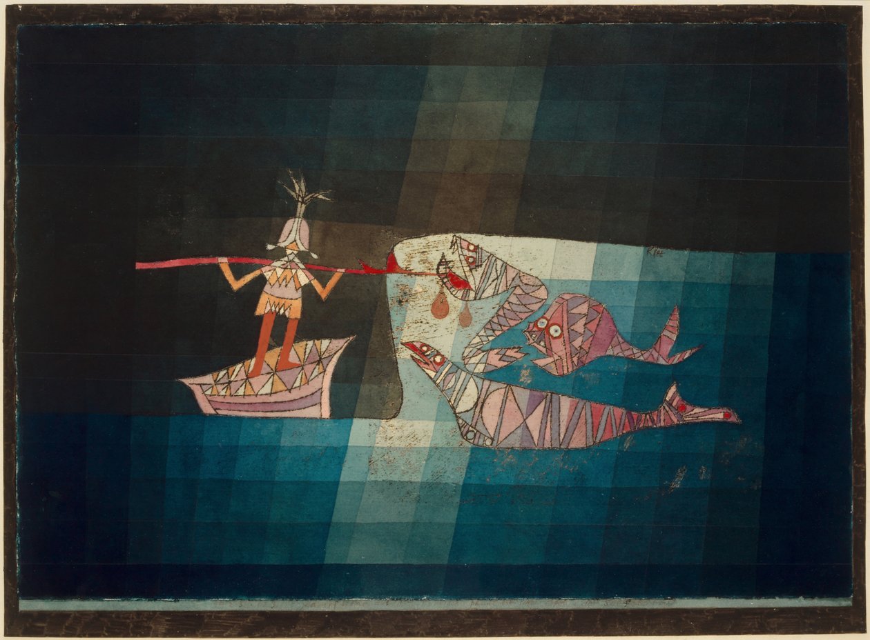 Kampscene fra den komiske fantastiske Operaen The Seafarer, 1923. av Paul Klee