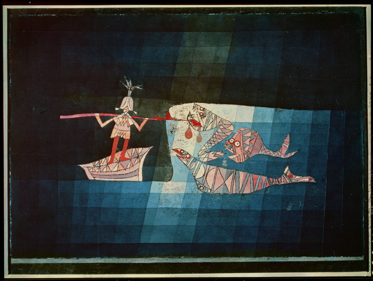 Kampscene fra den komiske fantastiske operaen "The Seafarer" av Paul Klee