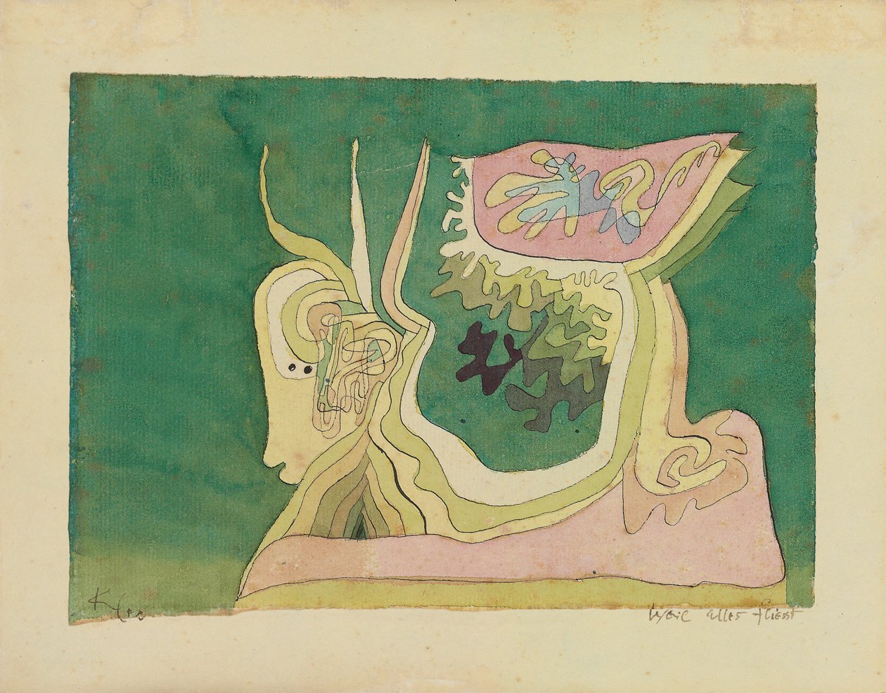 Fordi alt flyter; Weil Alles Fliesst, ca. 1929 (akvarell, penn og blekk på papir) av Paul Klee