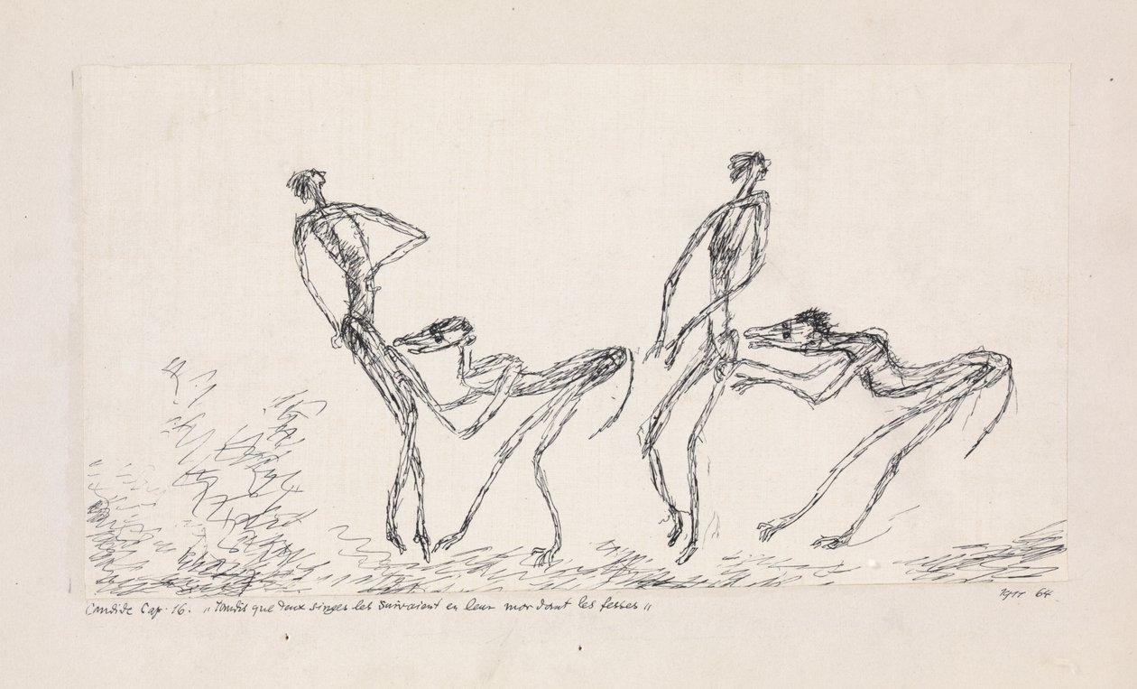 Candide, kapittel 16. Mens to aper fulgte etter dem og bite seg i baken, 1911. av Paul Klee