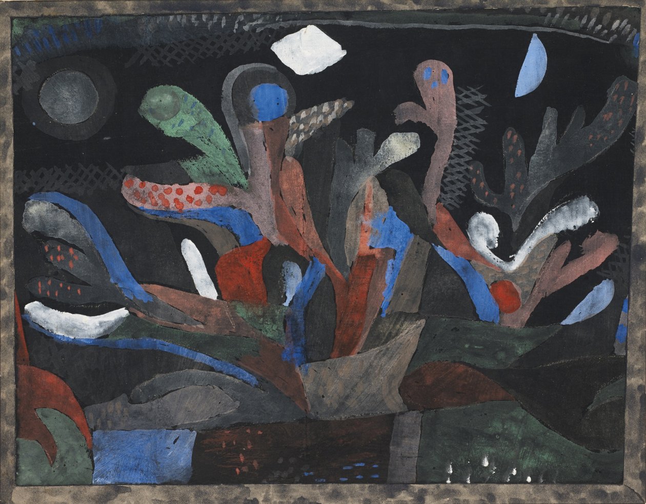 Bilde av en hage i mørke farger Dunkelbuntes Gartenbild, 1923 av Paul Klee