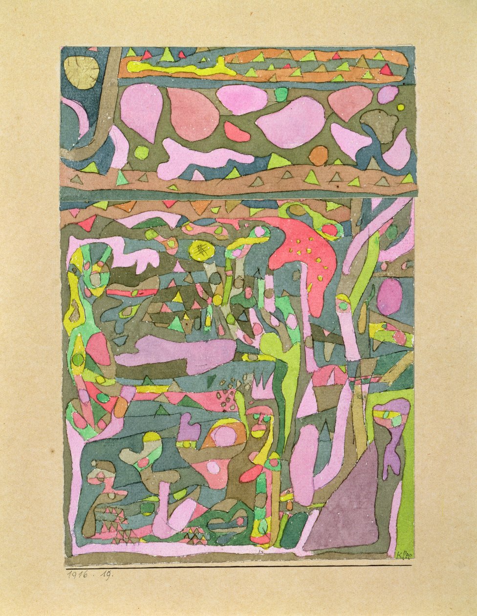 Solen oppdager at verden av farger allerede eksisterer, komplisert komposisjon av Paul Klee
