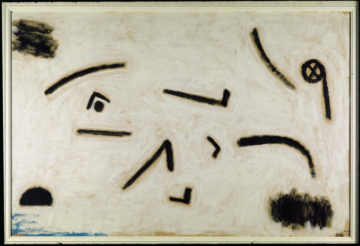Uten tittel (skilt på svart bakgrunn), C.1940 (farge og lim på papir) av Paul Klee