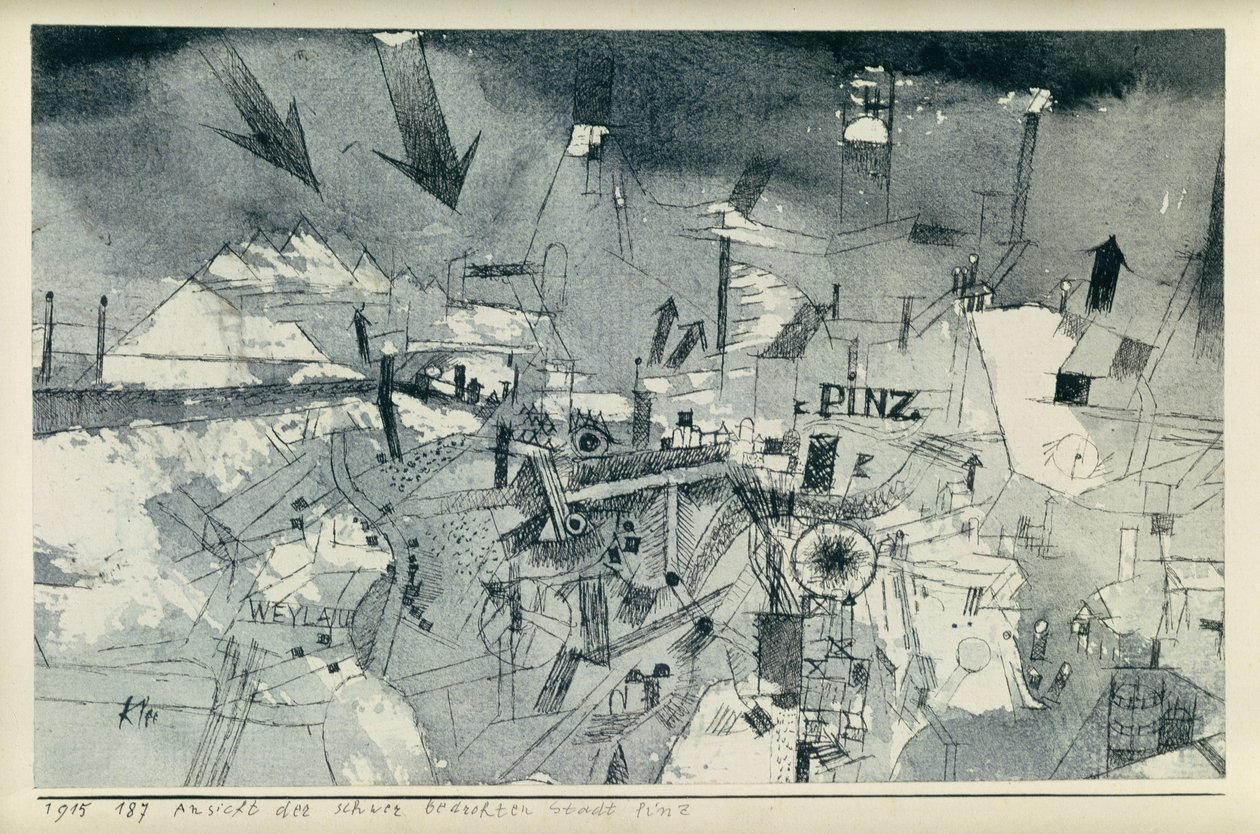 Utsikt over den sterkt truede byen Pintz av Paul Klee