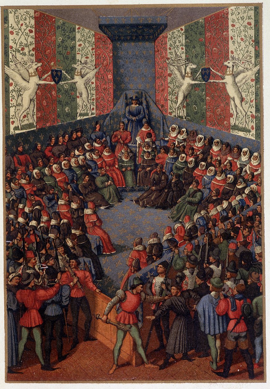Charles VII presiderte over dommen til John, hertugen av Alencon (alliert med engelskmennene) i Vendome i 1458 - etter miniatyren til Fouquet, i "" Militært og religiøst liv i middelalderen og renessansen" av Paul Lacroix, Paris av Paul Lacroix