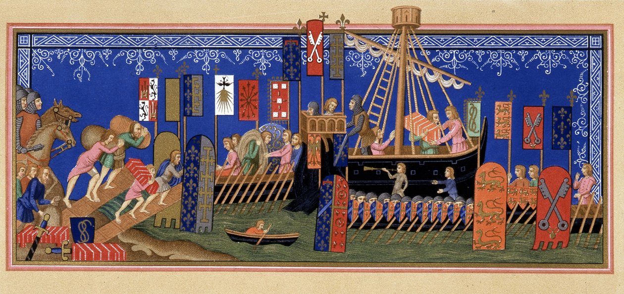 Embarkment of the Knights of the Holy Spirit for the Crusade - basert på miniatyr av det 14. århundre, i "" Militært og religiøst liv i middelalderen og i renessansen" av Paul Lacroix, Paris av Paul Lacroix