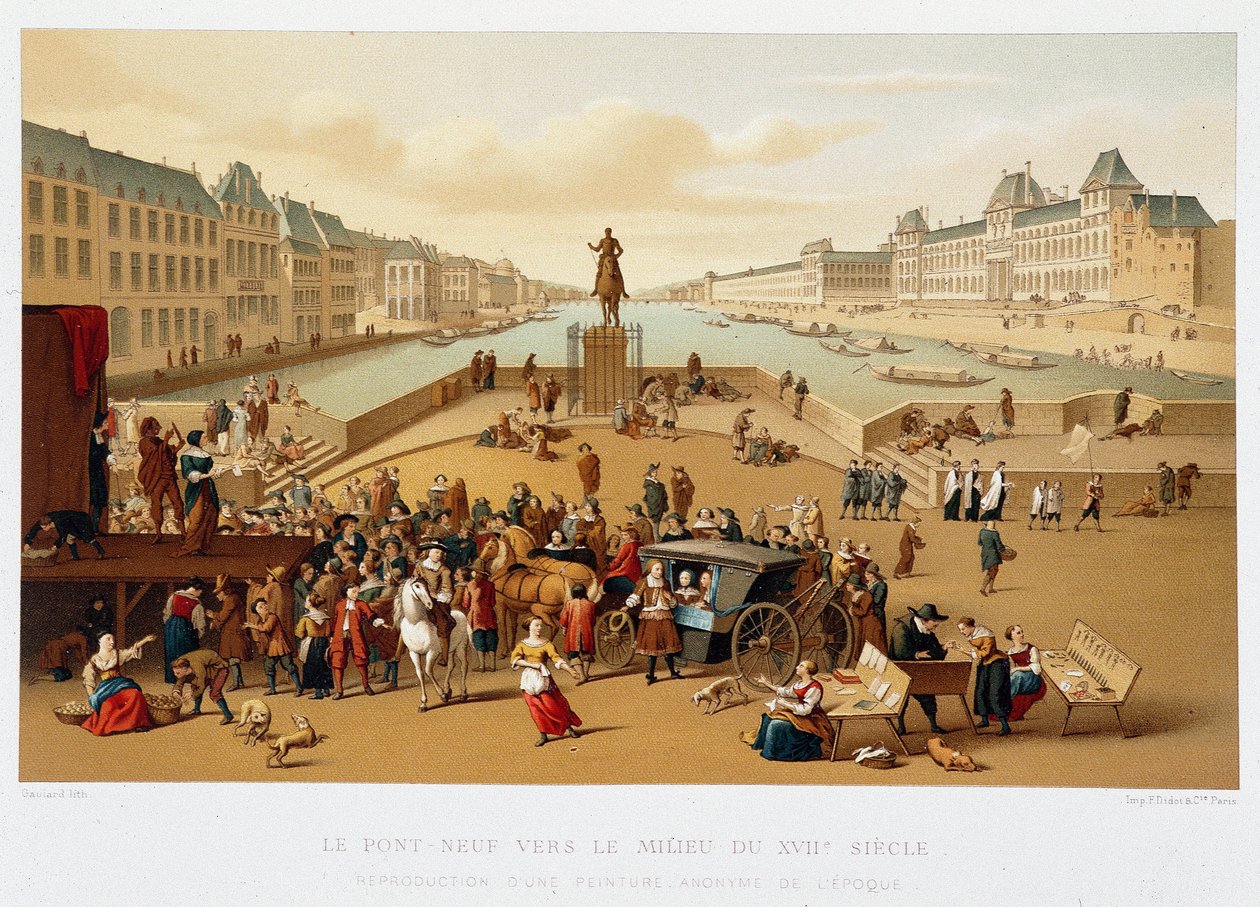 Le Pont Neuf mot midten av 1600-tallet, "" 1600-tallet - Institusjoner: bruk og kostymer, Frankrike 1590-1700" av Paul Lacroix av Paul Lacroix