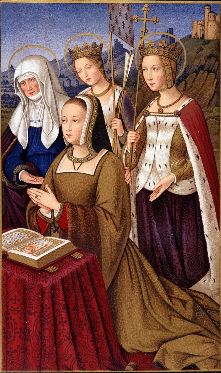 Portrett av Anne av Bretagne (1477-1514), dronning av Frankrike, i bønn med sin hellige skytshelgen Saint Anne, Saint Helene og Saint Ursule - i "" Militært og religiøst liv i middelalderen og renessansen"" av Paul Lacroix, Paris av Paul Lacroix
