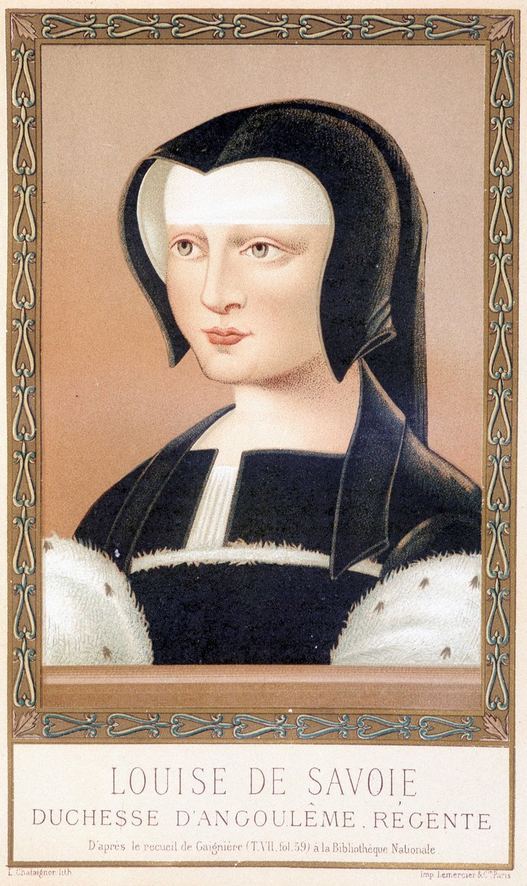 Portrett av Louise de Savoie (1476-1531), hertuginne av Angouleme og Regente av Frankrike. Kromolitografi fra "Louis XII og Anne de Bretagne" av Paul Lacroix, red. Georges Hurtrel av Paul Lacroix