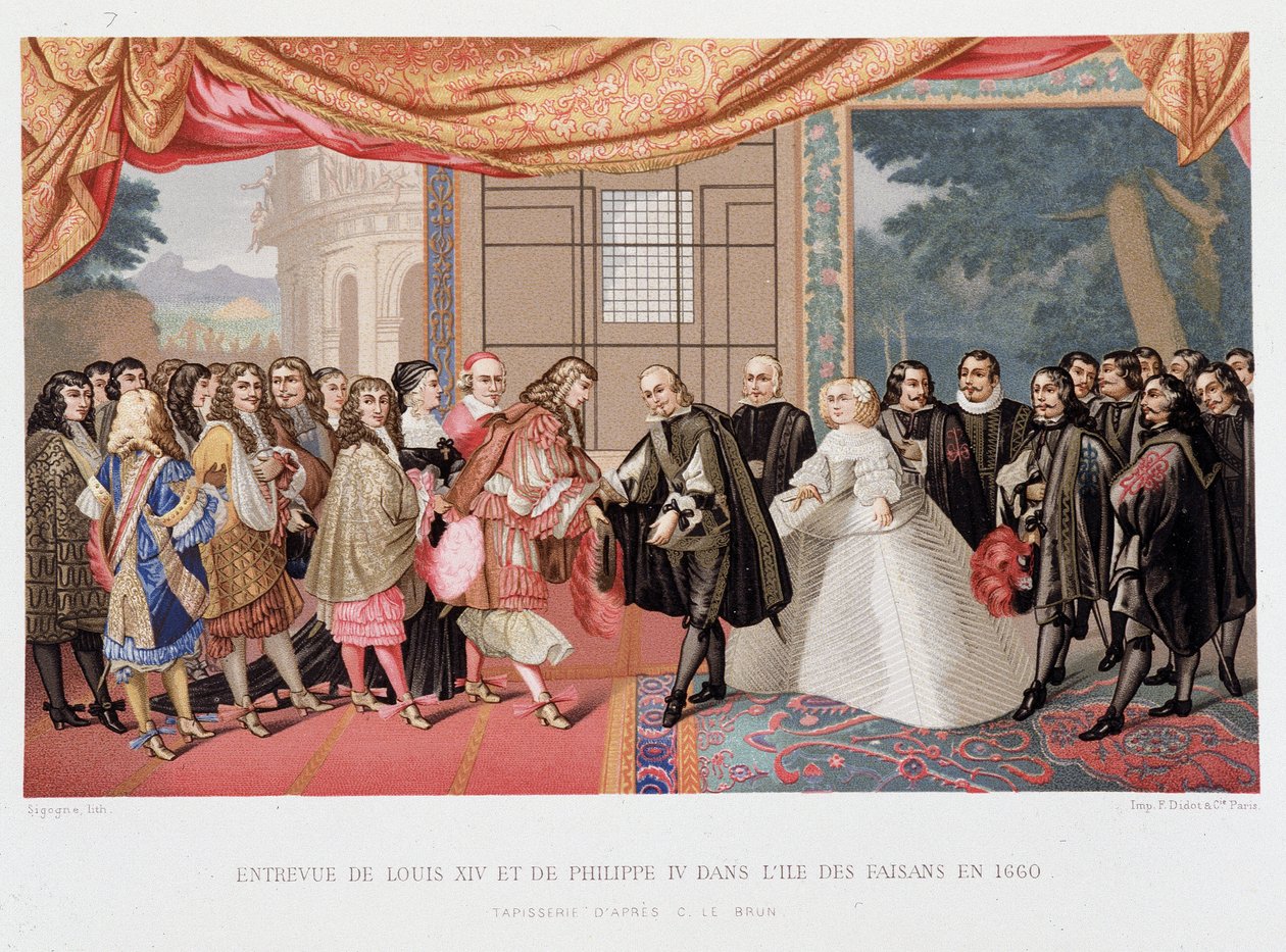 Tretti års krig: "" Intervju av kongen av Frankrike Ludvig XIV (1638-1715) og Filip IV av Spania (1605-1665) på øya Paisans den 7.11.1659"" Spania samtykker i å undertegne traktaten om Pyreneene. Datteren til Philip IV, Marie Therese (Marie-Therese) av Paul Lacroix