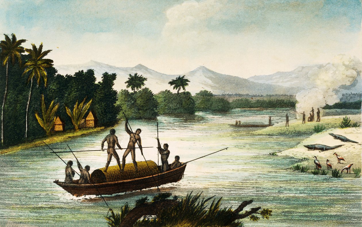 Magdalena River, Colombia, gravering av Paul Legrand fra Travels in the Republic of Colombia i årene 1822 og 1823, av Gaspard Theodore Mollien (1796-1872), Sør-Amerika av Paul Legrand
