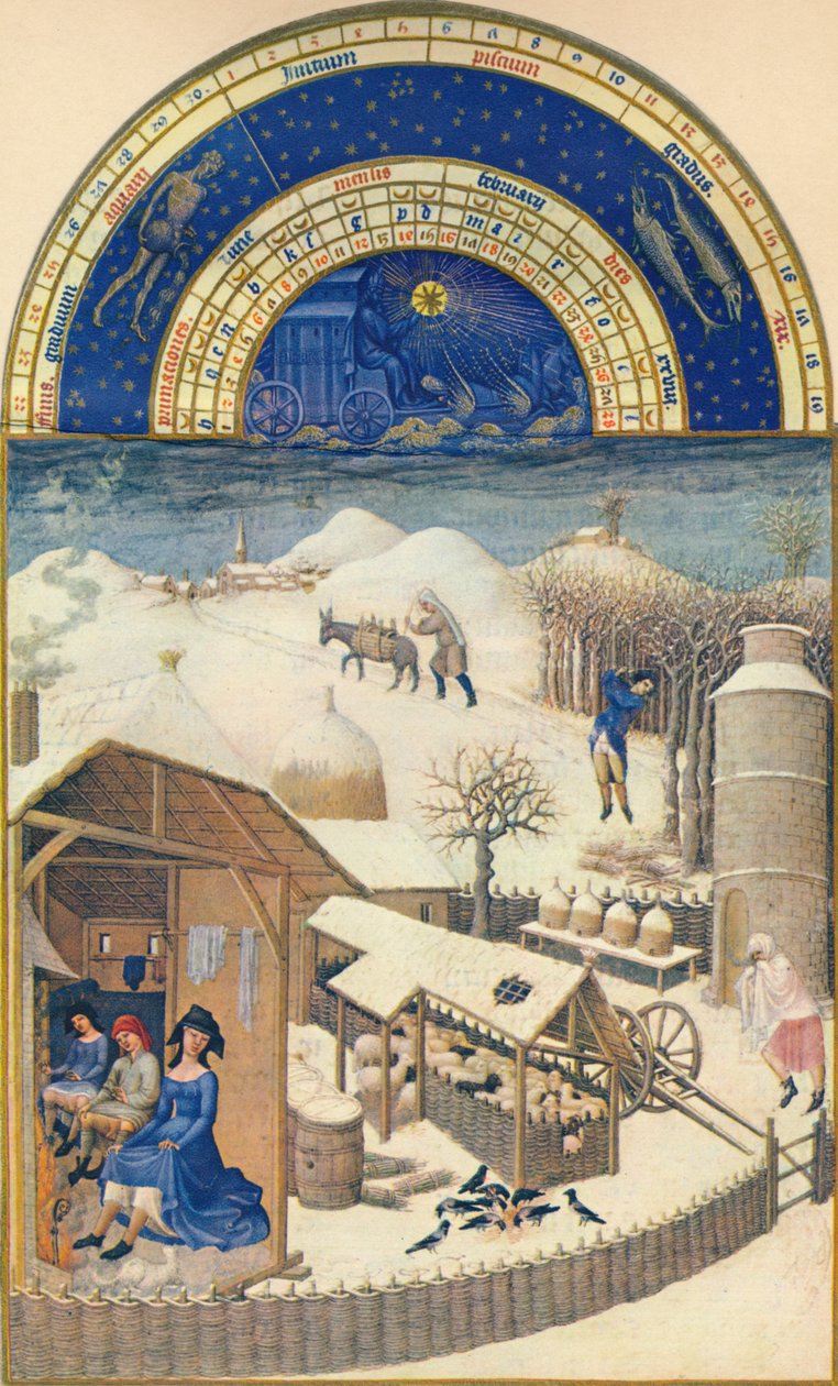Februar - landsby under snøen, 1400-tallet, 1939. av Paul Limbourg