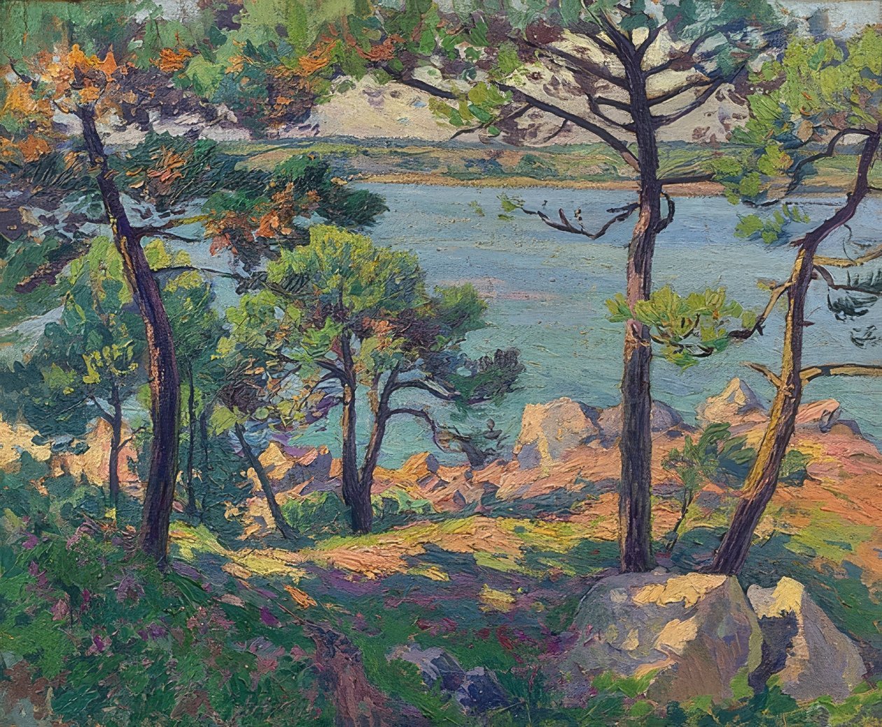 Furutrær ved Trieux-elven. 1913 av Paul Madeline