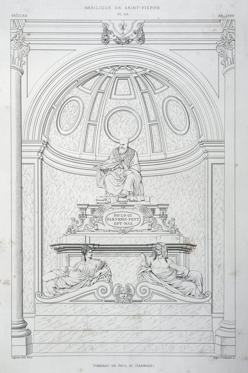 Begravelsesmonument til pave Paul III (Farnese), gravering fra Vatikanet og Peterskirken av Paul Marie Letarouilly