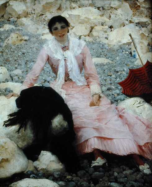 Portrett av kunstnerens kone på stranden (olje på lerret) av Paul Mathey