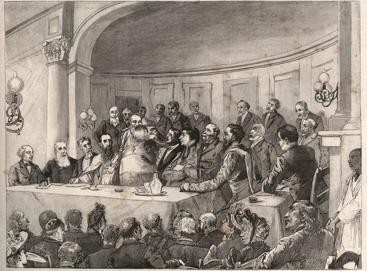 Antislaverikongressen holdt i Paris 21., 22. og 23. september 1890 i Geography Society i nærvær av Jules Simon, Emile Keller og Monseigneur Lavigerie. Gravering etter Paul Merwarts tegning i "The Illustrous World" fra 1890. av Paul Merwart