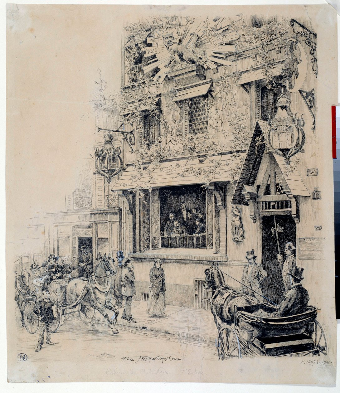 Utsikt over inngangen til Cabaret du Chat Noir. Blekktegning av Paul Merwart (1855-1902) Paris fra 1800-tallet, Musee Carnavalet av Paul Merwart