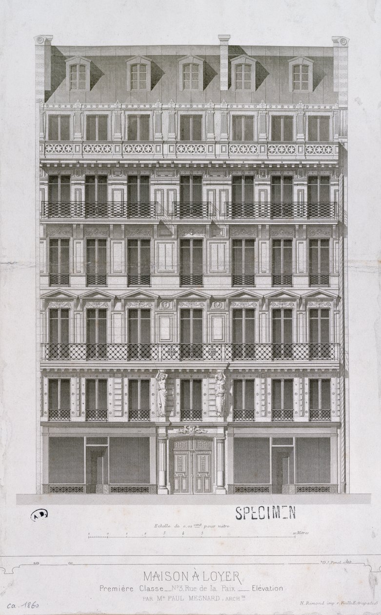 Design for en boligblokk i Haussmann-stilen i rue de la Paix, Paris, ca. 1860 av Paul Mesnard