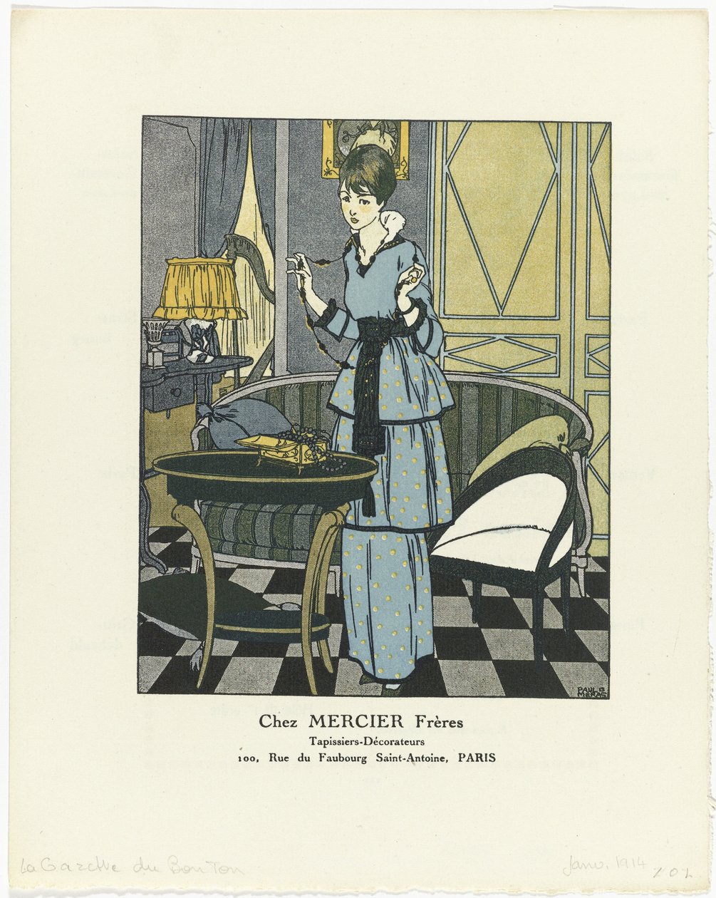 Gazette du Bon Ton, 1914 - nr. 1: Chez MERCIER Frères / Tapetsere - Dekoratører (tittel på objekt) av Paul Méras