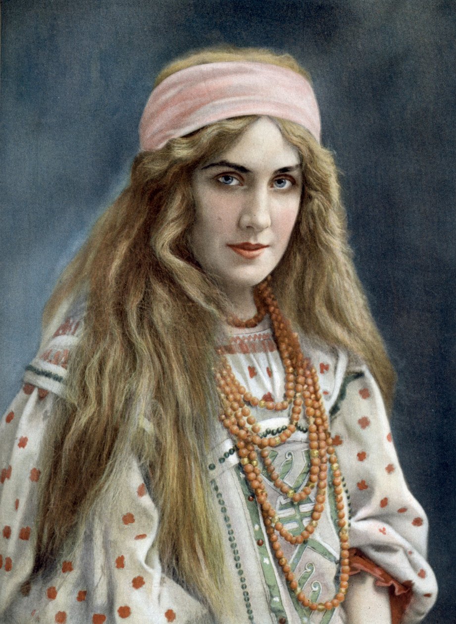 Operasanger Marguerite Carre (1880-1947) som Snegourotchka i operaen Snegourotchka, Paris, foto av Paul Nadar fra den franske avisen "Le Theatre" juli 1908 av Paul Nadar