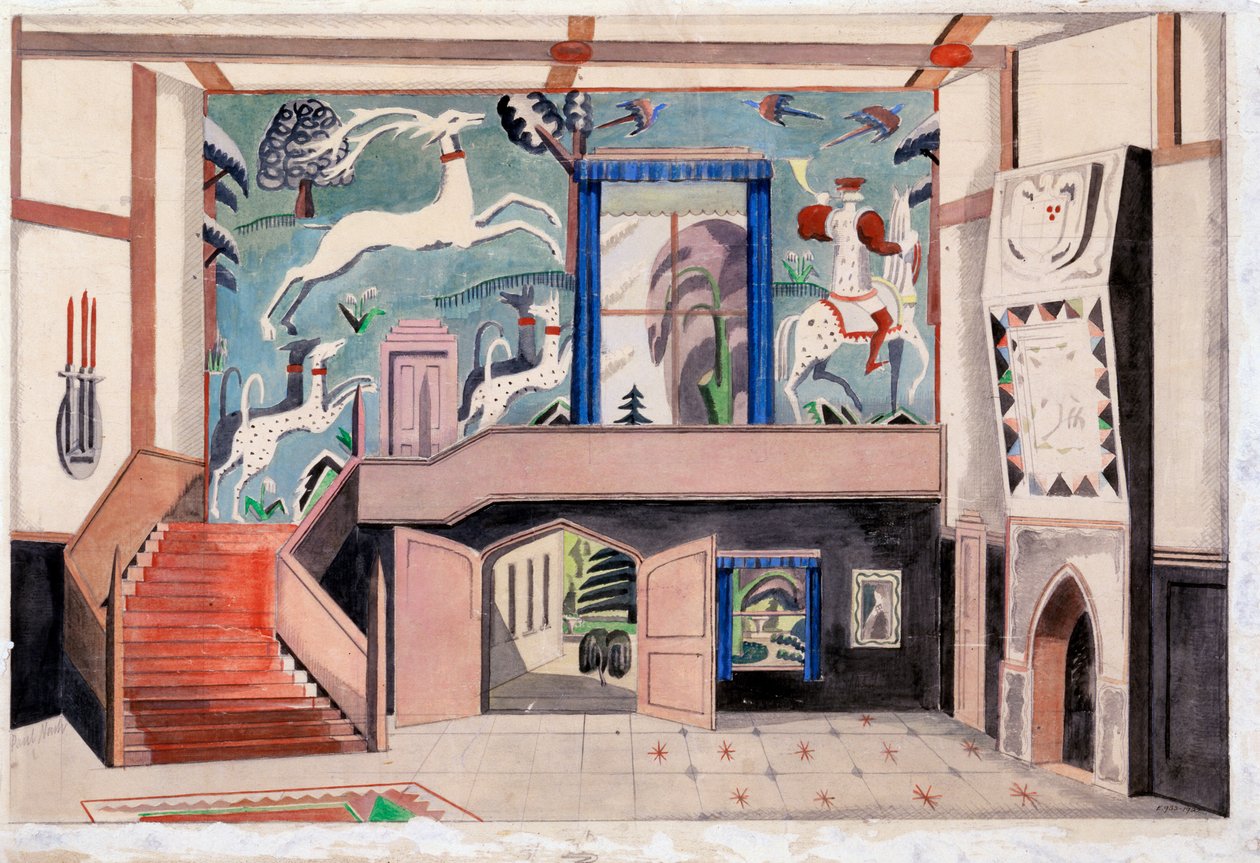 Interiørdesign, ca. 1920-30-tallet (akvarell på papir) av Paul Nash