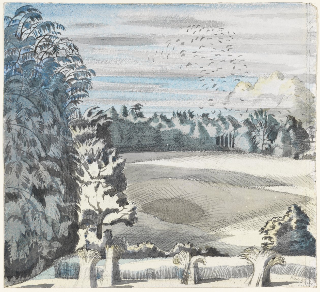 Landskap med røker, ca. 1913-14 (svart kritt og akvarell på papir) av Paul Nash