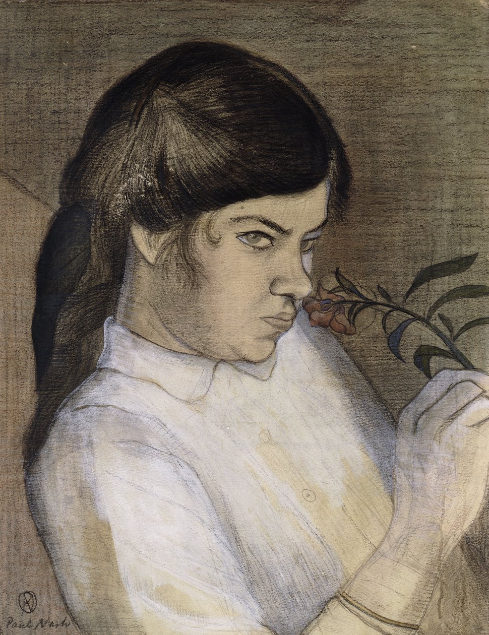 Portrett av Barbara Nash, kunstnerens søster, ca. 1911-12 (blyant, svart og farget fargestift, akvarell og kroppsfarge he) av Paul Nash