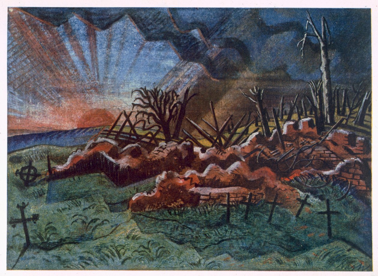 Sunrise, Ruins of a Hospice, nordvest for Wytschaete, ødelagt av bombardement i 1917, fra britiske artister ved fronten, fortsettelse av vestfronten, del tre, Paul Nash av Paul Nash