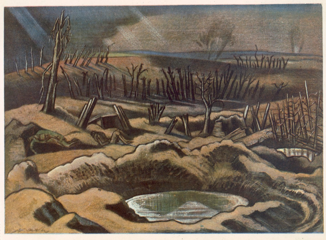 The Field at Passchendaele, British Artists at the Front, Continuation of The Western Front, Part Three, Paul Nash   1403520   no       norwegian Successfully Translated  Original: Cotton Tiberius B. V, Part 1, f.40v, A ship, with tower and a serpent head  av Paul Nash