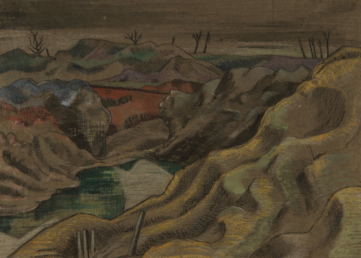 Landskapet: Hill 60, ca. 1917 (blekk og akvarell på papir) av Paul Nash