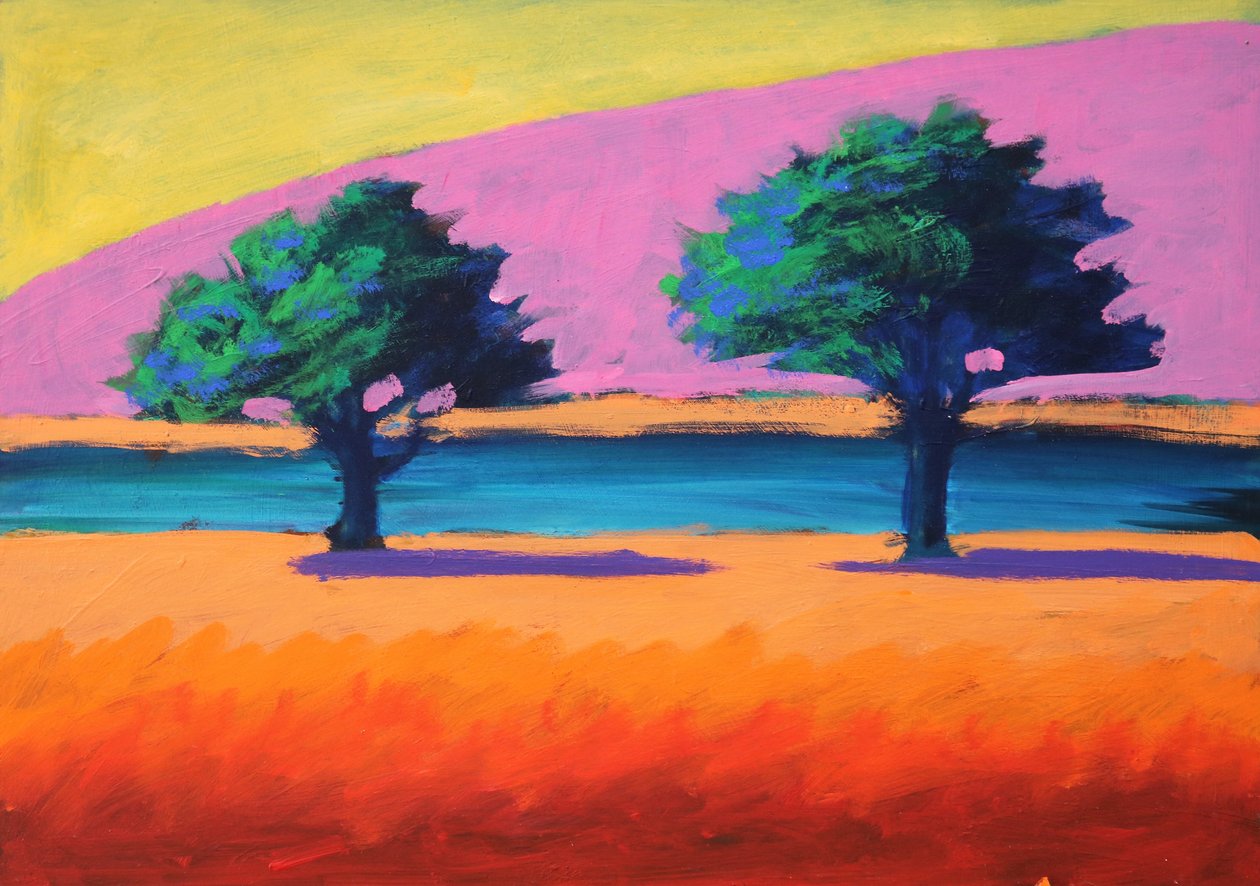 Pink Hill Yellow Sky, 2021 (akryl på plate) av Paul Powis