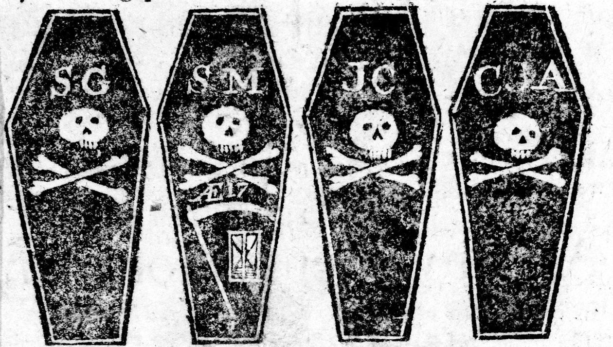 Tegning av de fire kistene fra massakren i Boston, trykt i Boston Gazette, 12. mars 1770 av Paul Revere