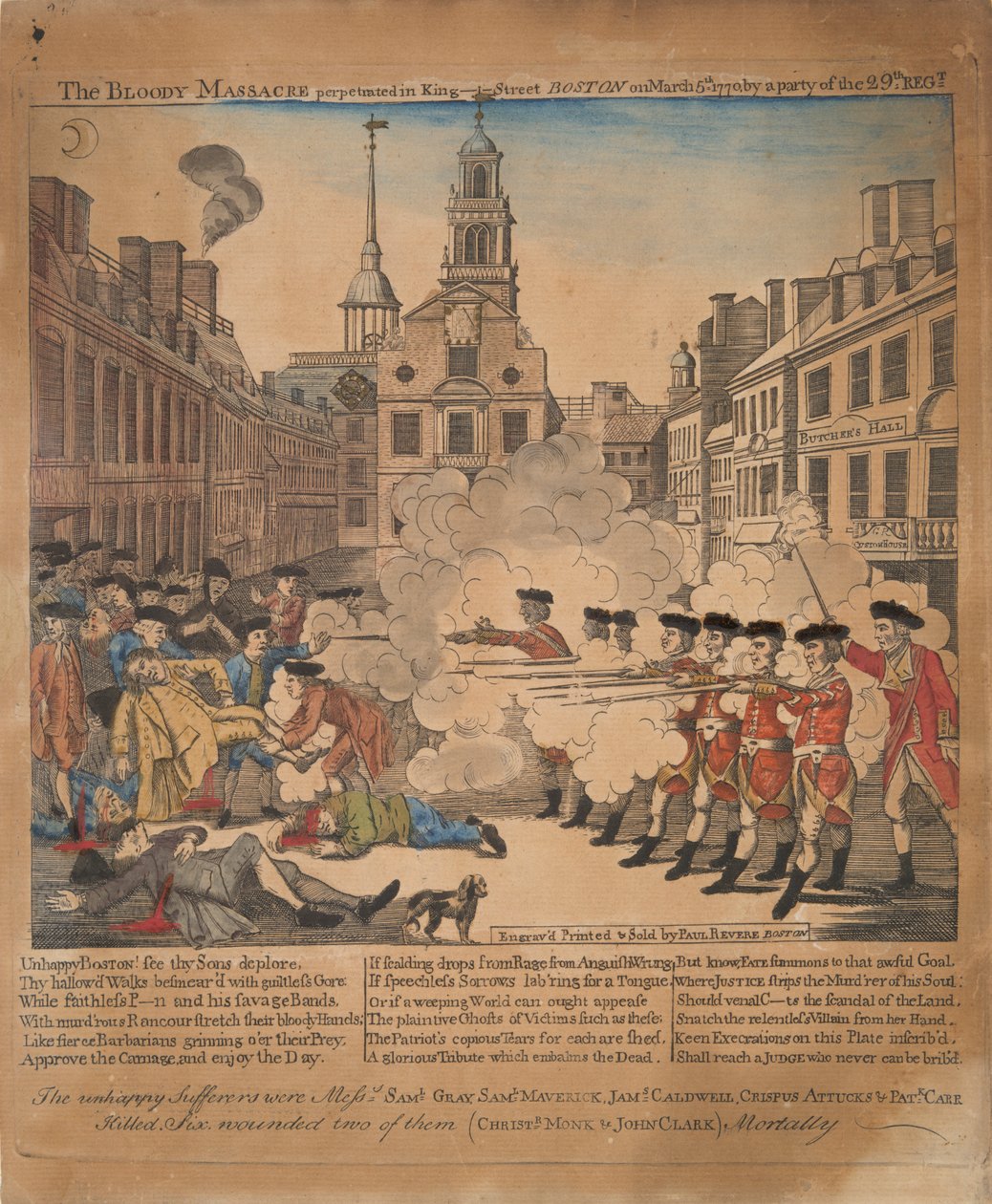 Den blodige massakren utført i King-Street Boston 5. mars 1770 av et parti fra 29. regt. av Paul Revere