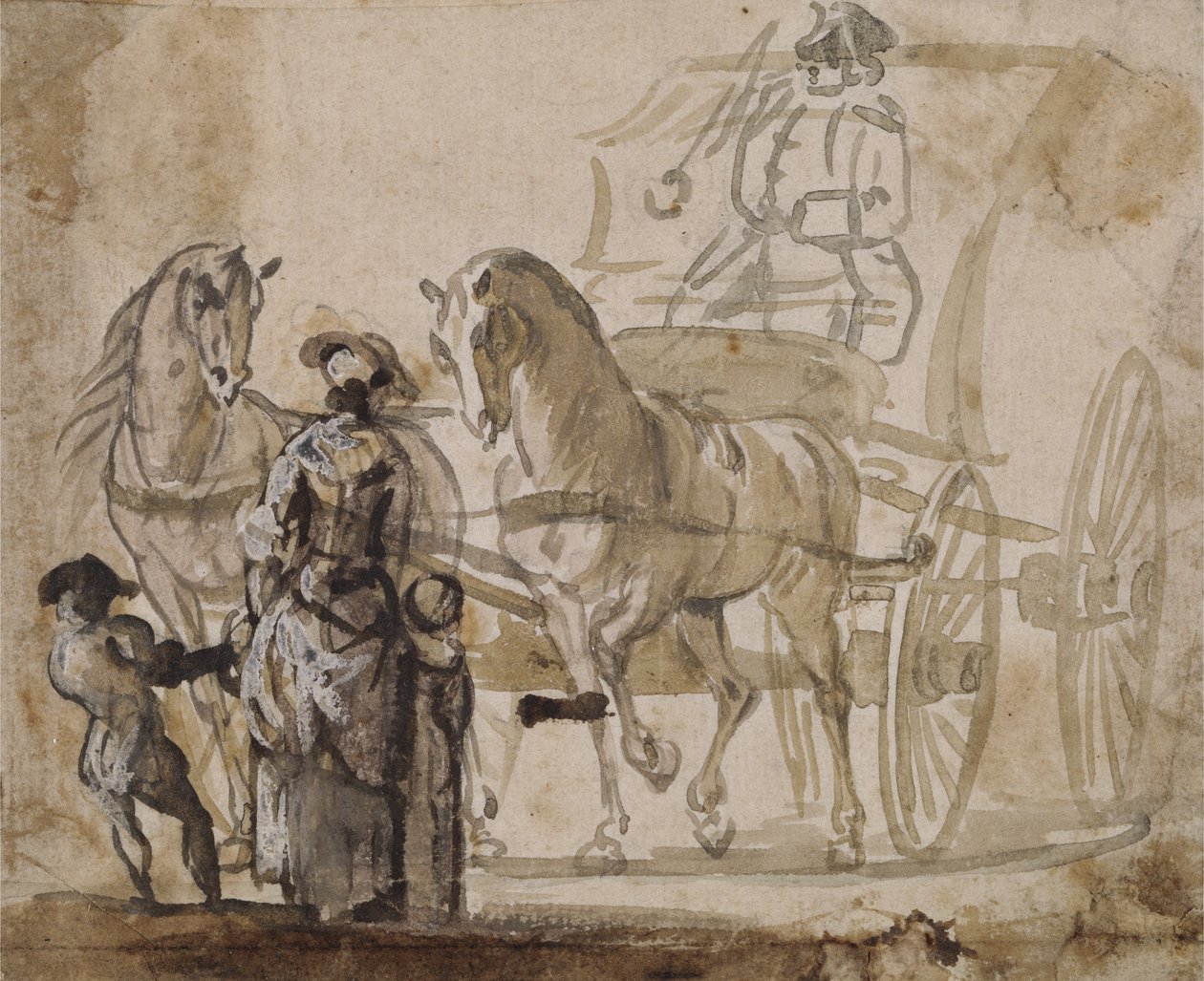 En vogn og et par, med kusk (grå og brun vask forhøyet med hvitt på papir) av Paul Sandby