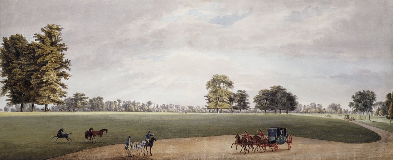 En vogn i parken ved Luton blir møtt av ryttere og friskende føll, av Paul Sandby