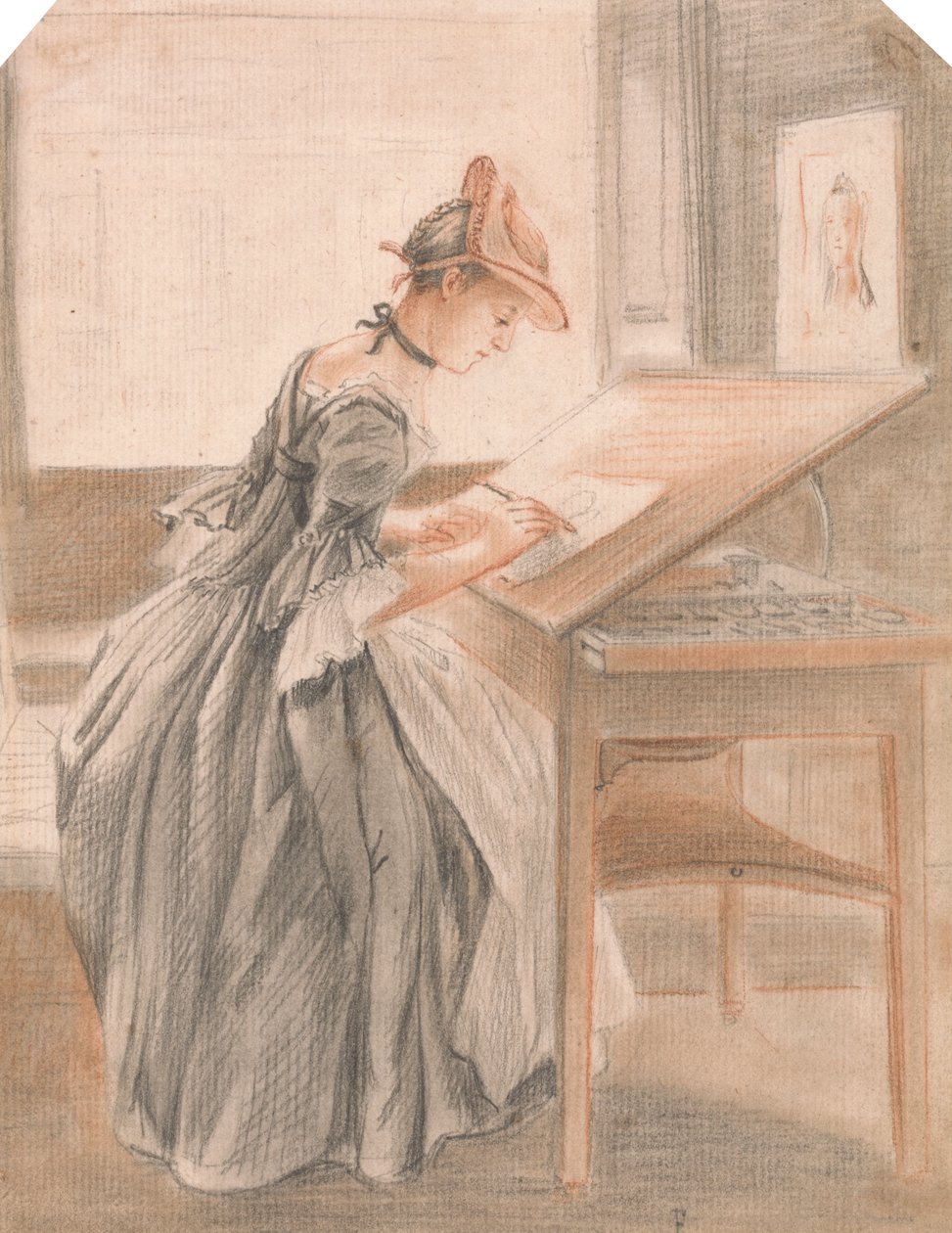 En dame som kopierer ved et tegnebord av Paul Sandby