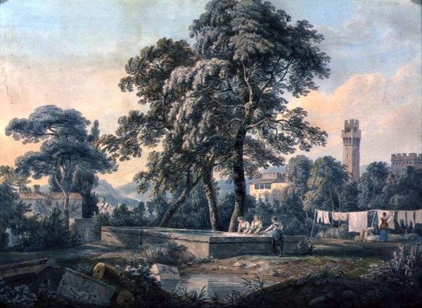 Et italiensk landskap med kvinner ved et vaskebasseng av Paul Sandby