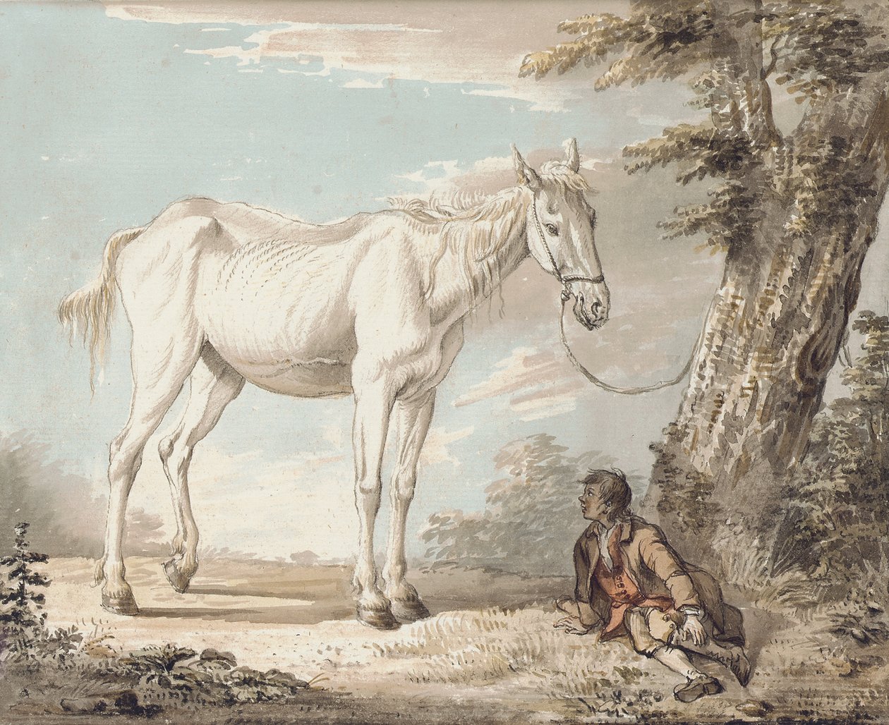 En gammel grå hest bundet til et tre, en gutt hviler i nærheten av Paul Sandby