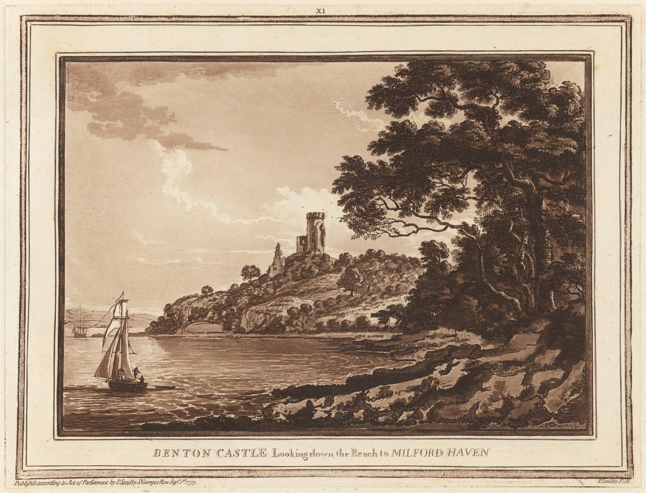 Benton Castle, ser nedover Reach til Milford Haven av Paul Sandby