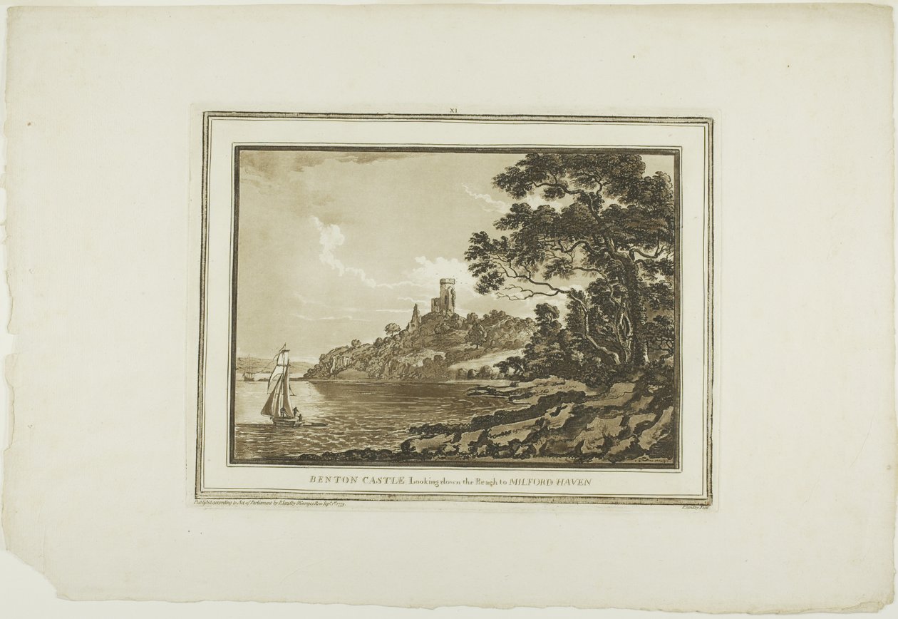 Benton Castle ser nedover Reach til Milford Haven, fra tolv utsikter i Aquatinta fra tegninger tatt på stedet i Sør-Wales av Paul Sandby